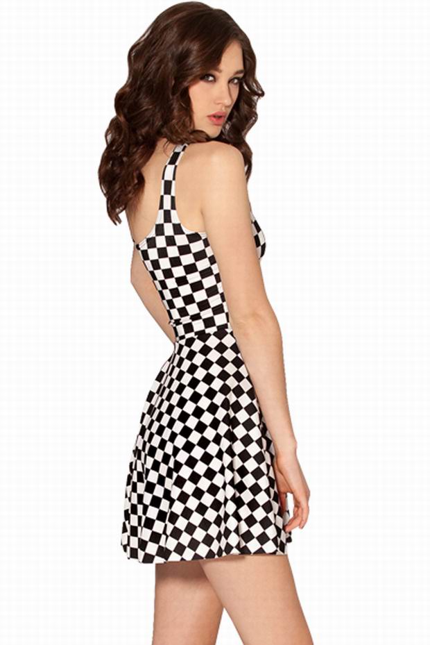 F33053  Stylish Chessboard Skater Dress